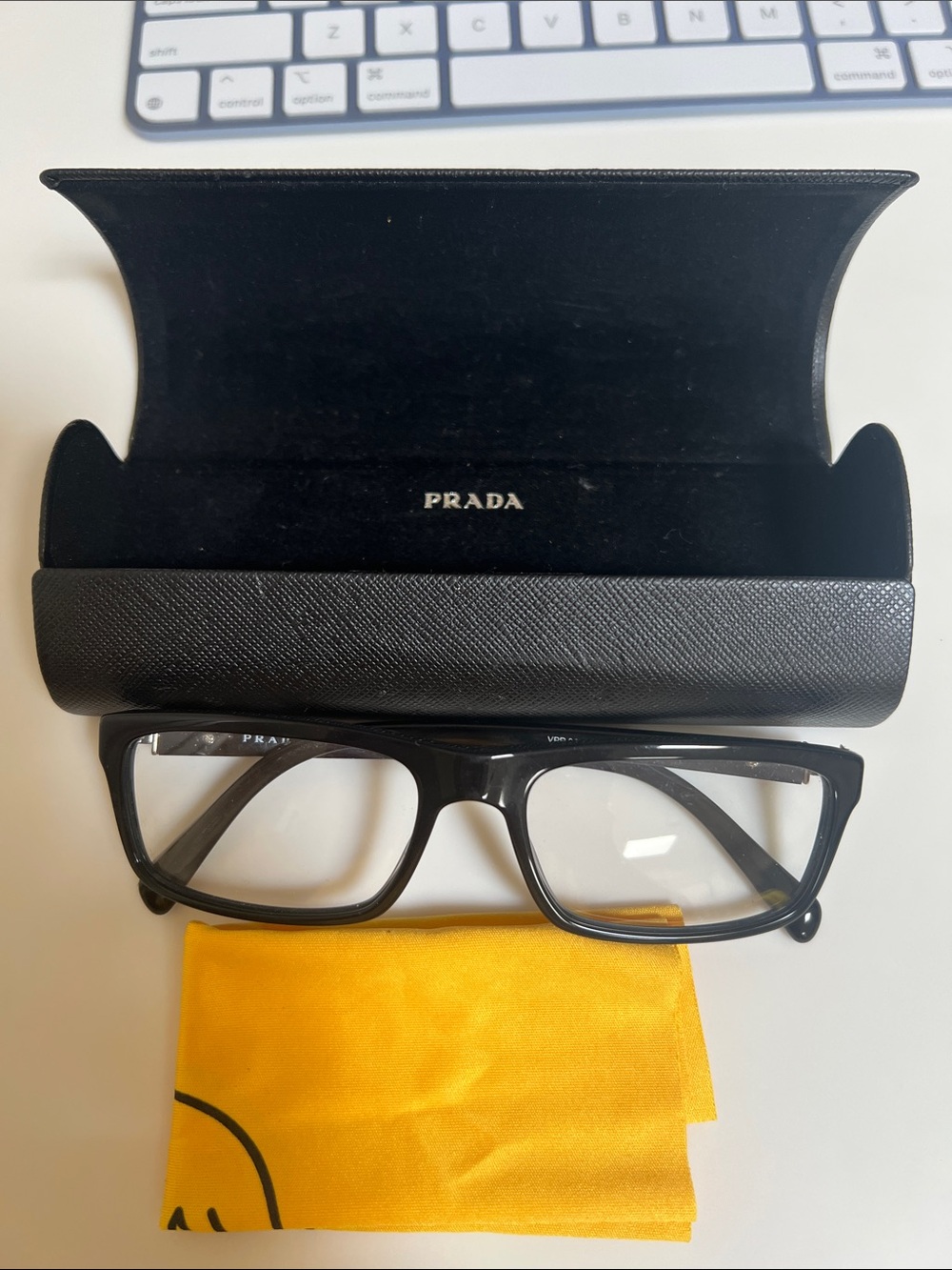 Prada Black Rectangular Eyeglasses with Yellow Cloth